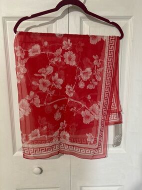 Red Cherry Blossom Floral Sheer Scarf with Greek Key Border